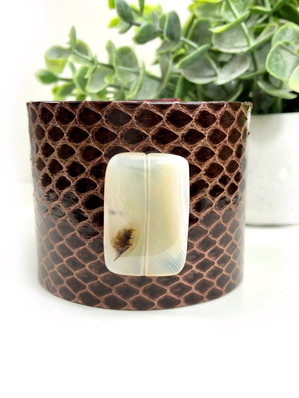MishaGirl Handmade Brown Snakeskin Cuff Bracelet with Carnelian Stone Minimalist